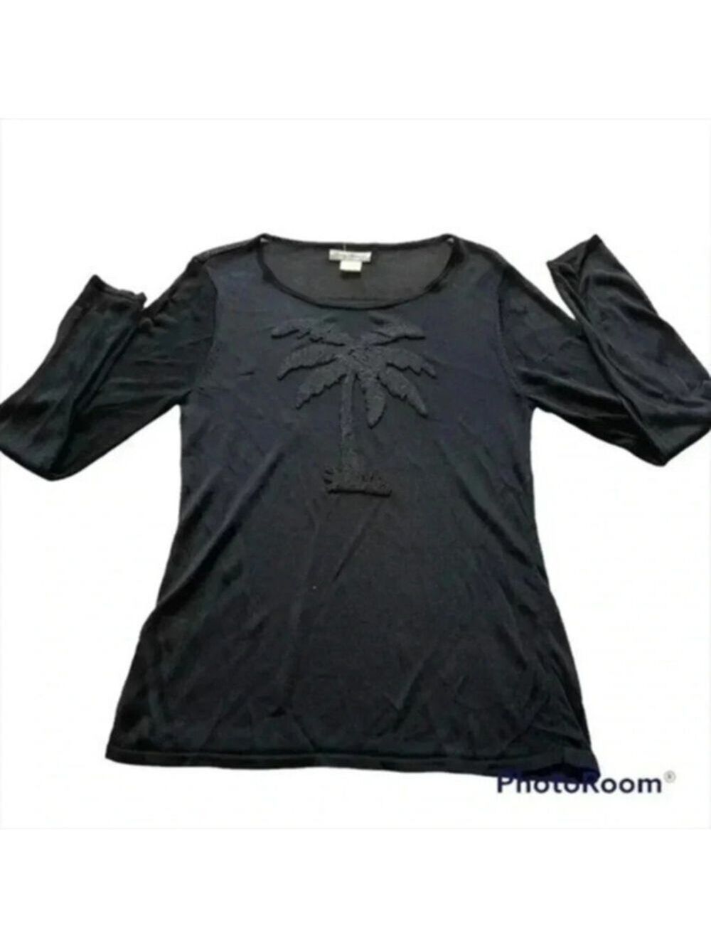TOMMY BAHAMA BEADED PALM TREE SHEER MESH TOP LONG SLEEVE SIZE M.